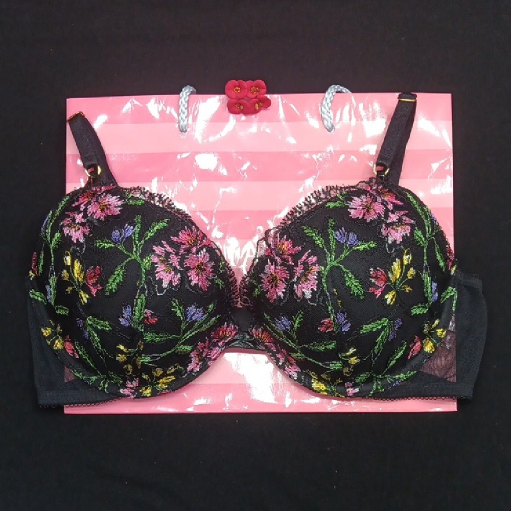 Victoria's Secret Black  Multicolor Floral Embroidery Very Sexy Push-up SIZE 36B